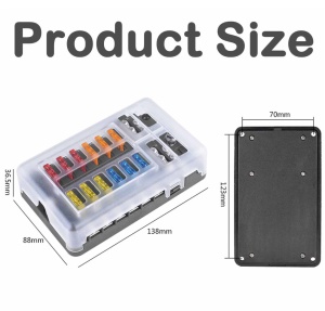 Dimensiuni cutie siguranțe auto Techstar 138 x 88 x 36,5 mm și poziția găurilor de montaj