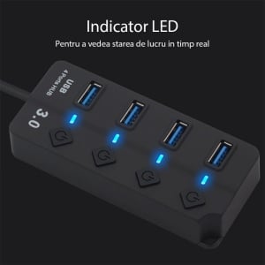 Hub USB Techstar HUBA0701 cu vedere de sus, 4 porturi si LED-uri albastre
