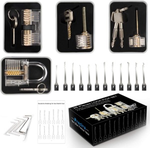 Set 26 Piese Lacatuserie Lock Picking, 4 Incuietori Transparente de Antrenament, 12 Instrumente Metalice, 5 Chei de Tensionare, Trusa Profesionala cu Husa - Img 7