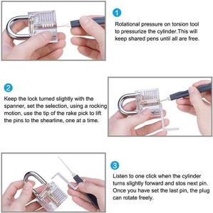 Set 33 Piese Instrumente Lacatuserie si Lock Picking, Lacat Transparent de Antrenament, Trusa Deschidere Incuietori, Instrument Mecanic Tip Pistol, Husa Depozitare - Img 5