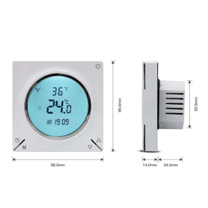 Termostat Techstar TH-12 alb vedere frontala si laterala cu afisaj pornit