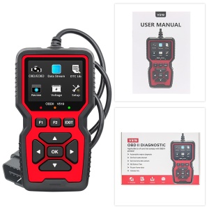 Tester V519 pozitionat pe lateral, conectat la cablu OBD2