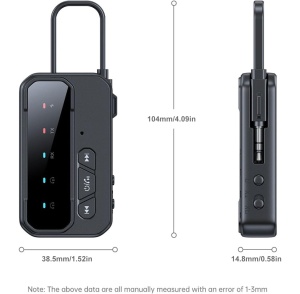 Dimensiuni adaptor Bluetooth 5.4 TX RX, vedere frontala si laterala