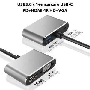 Adaptor USB-C Techstar DJ4IN1 compatibil laptopuri si tablete cu HDMI si VGA