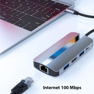 Adaptor multifunctional 7 in 1 USB-C la HDMI Techstar® CYC7IN1B, HDMI 4K, LAN RJ45 Ethernet, 1 x USB 3.0, 1 x USB 2.0, Cititor De Carduri SD/TF, PD Port, Gri - Img 6