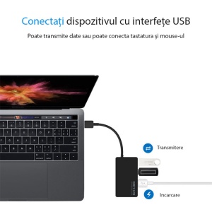 Hub USB Techstar HUBA0401 conectat la MacBook pentru extindere porturi