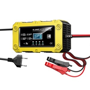Incarcator auto moto Techstar BC-1206 galben cu afisaj LCD si cabluri pentru incarcare inteligenta 12V 6A