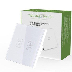 Intrerupator touch Techstar TG02 alb prezentat langa ambalajul original