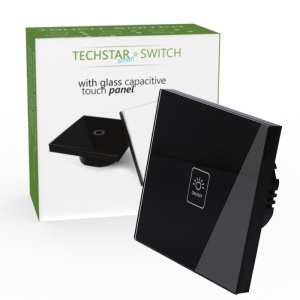 Intrerupator touch negru Techstar TG02 cu un buton LED si sticla securizata in cutie verde