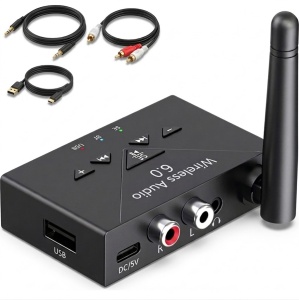 Receiver Audio Bluetooth 6.0 cu Microfon Techstar J300, AUX 3.5 mm, RCA, USB Player, Hi-Fi Stereo, Antena Externa, Type-C 5V, raza pana la 20 m, pentru Auto, Boxe si Amplificator