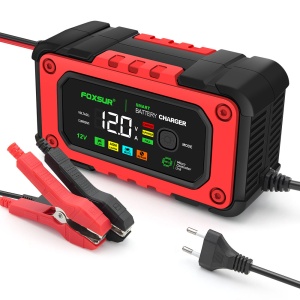 Set redresor auto Foxsur 12V 7A rosu cu accesorii incluse