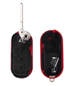 Carcasa cheie auto tip briceag Techstar pentru Fiat Citroen Peugeot 3 butoane compatibila modele 500 Panda Ducato vedere ansamblu cu lama si interior