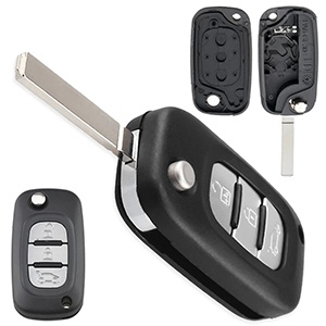 Carcasa cheie auto tip briceag Techstar pentru Renault 3 butoane compatibila Clio Megane Kangoo Fluence vedere fata si spate cu lama deschisa