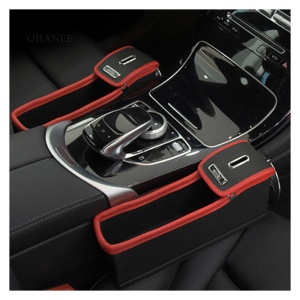 Cutie organizatoare scaun auto cusatura din piele, cusatura Rosie depozitare obiecte, Dreapta - Img 2