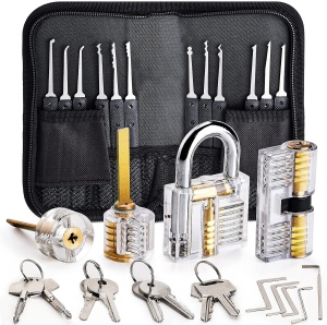 Set 26 Piese Lacatuserie Lock Picking, 4 Incuietori Transparente de Antrenament, 12 Instrumente Metalice, 5 Chei de Tensionare, Trusa Profesionala cu Husa - Img 1