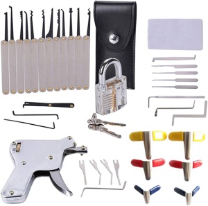 Set Instrumente Lacatuserie Lock Picking, Dispozitiv Mecanic Tip Pistol, Lacat Transparent Antrenament, Trusa Unelte Deschidere Incuietori, Set 5 in 1, Husa Depozitare - Img 1