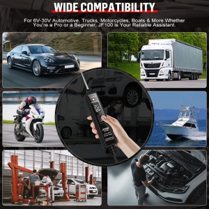 Tester circuite electrice auto JFIND JF100 pe fundal alb cu cleme si cablu de conectare