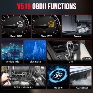 Functii disponibile V519 OBD2 prezentate cu pictograme rosii
