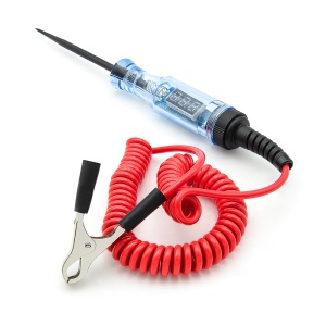 Tester 5–120V DC cu cablu spiralat și clemă, vedere laterală