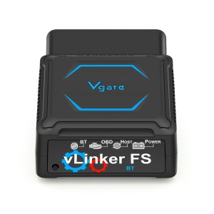 Vgate vLinker FS – vedere frontală, etichetă și LED