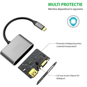 Adaptor USB-C Techstar DJ2IN1 cu incarcare rapida si iesire video dubla