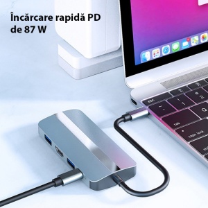 Adaptor multifunctional 7 in 1 USB-C la HDMI Techstar® CYC7IN1B, HDMI 4K, LAN RJ45 Ethernet, 1 x USB 3.0, 1 x USB 2.0, Cititor De Carduri SD/TF, PD Port, Gri - Img 8