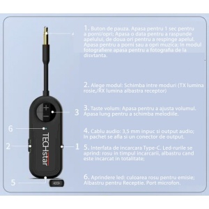 Adaptor Wireless 2 in 1 Receptor si Transmitator Audio TX/RX Techstar® M28 Negru, cu Bluetooth BT 5.3 si Conector Port Audio 3.5mm - Img 5