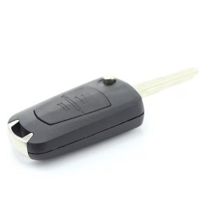 Carcasa cheie auto Techstar compatibila Opel Astra Corsa Vectra Meriva tip briceag 2 butoane lama pe stanga culoare neagra vedere inclinata cu lama deschisa