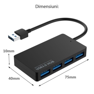 Hub USB Techstar HUBA0401 cu 4 porturi si cablu USB integrat, culoare neagra