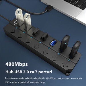 Hub USB Techstar HUBA2401 cu 7 porturi si comutatoare individuale pentru alimentare