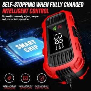 Utilizare practica incarcator Techstar cu baterie auto pe fundal rosu