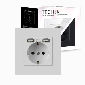 priza Techstar PCU1 alb cu 2 USB vedere din fata si cutie ambalaj