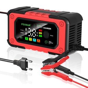 Incarcator auto Foxsur 7A rosu cu cabluri rosii si negre