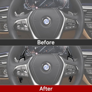 Padele volan carbon negru instalate pe volan BMW