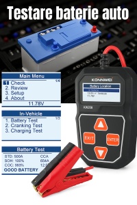 tester auto kw208 expus pe fundal albastru cu informatii vizibile pe ecran