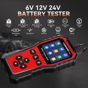 Tester baterie auto KONNWEI KW341, ecran si interfata de testare baterie (prim-plan)