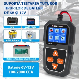 Tester baterii auto KONNWEI KW218 afisaj grafic tensiune si functii principale