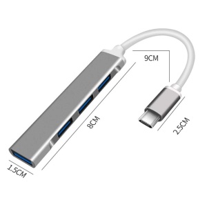 Hub USB Techstar aluminiu argintiu cu patru porturi USB 3.0 si cablu Type-C