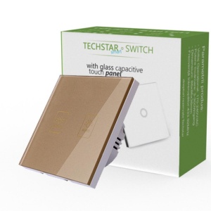 Intrerupator touch Techstar TG02 auriu prezentat langa ambalajul original