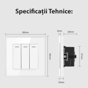Specificatii tehnice intrerupator triplu cap scara alb cu panou din sticla securizata