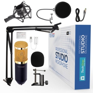 Microfon Profesional de Studio, Techstar® BM800 Condenser, Stand Inclus pentru Inregistrare Vocala, Streaming, Gaming, Podcast, Vlog, Gold - Img 16