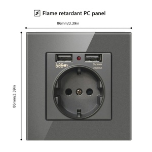 Priza de perete cu 2 porturi USB si rama din sticla gri