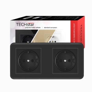 priza Techstar PC2 dubla negru policarbonat cu rama montata