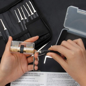 Set 26 Piese Lacatuserie Lock Picking, 4 Incuietori Transparente de Antrenament, 12 Instrumente Metalice, 5 Chei de Tensionare, Trusa Profesionala cu Husa - Img 5