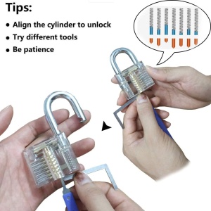 Set Instrumente Lacatuserie Lock Picking, Lacat Transparent de Antrenament, 17 Unelte Metalice, Set 5 in 1 Tip Card, 2 Chei, Trusa Practica pentru Incepatori - Img 6