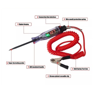 Tester 6–24V DC conectat la borne – exemplu utilizare la baterie auto