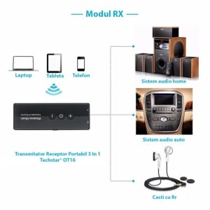 Transmitator receptor portabil 3 in 1 Techstar® OT16, Compatibil Bluetooth 5.0, Reincarcabil, USB, AUX 3.5 mm, TV, PC, Auto, Negru - Img 5