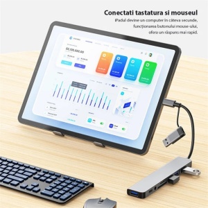 Hub USB-C Techstar conectat la tableta pentru extindere porturi