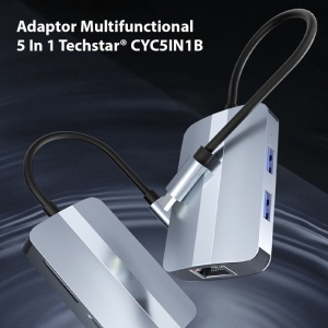 Adaptor USB-C Techstar CYC5IN1B cu design compact si finisaj gri metalizat