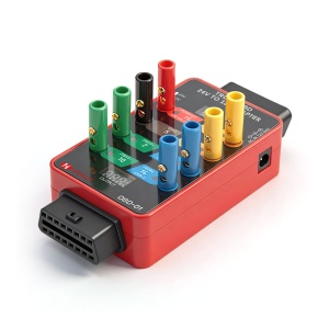 Adaptor OBD camion cu breakout box 8 porturi, vedere din spate si eticheta tehnica